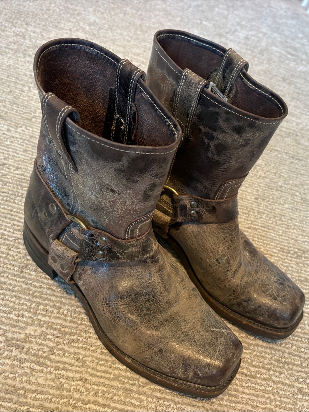 Frye Brown Distressed Leather Harness Boots